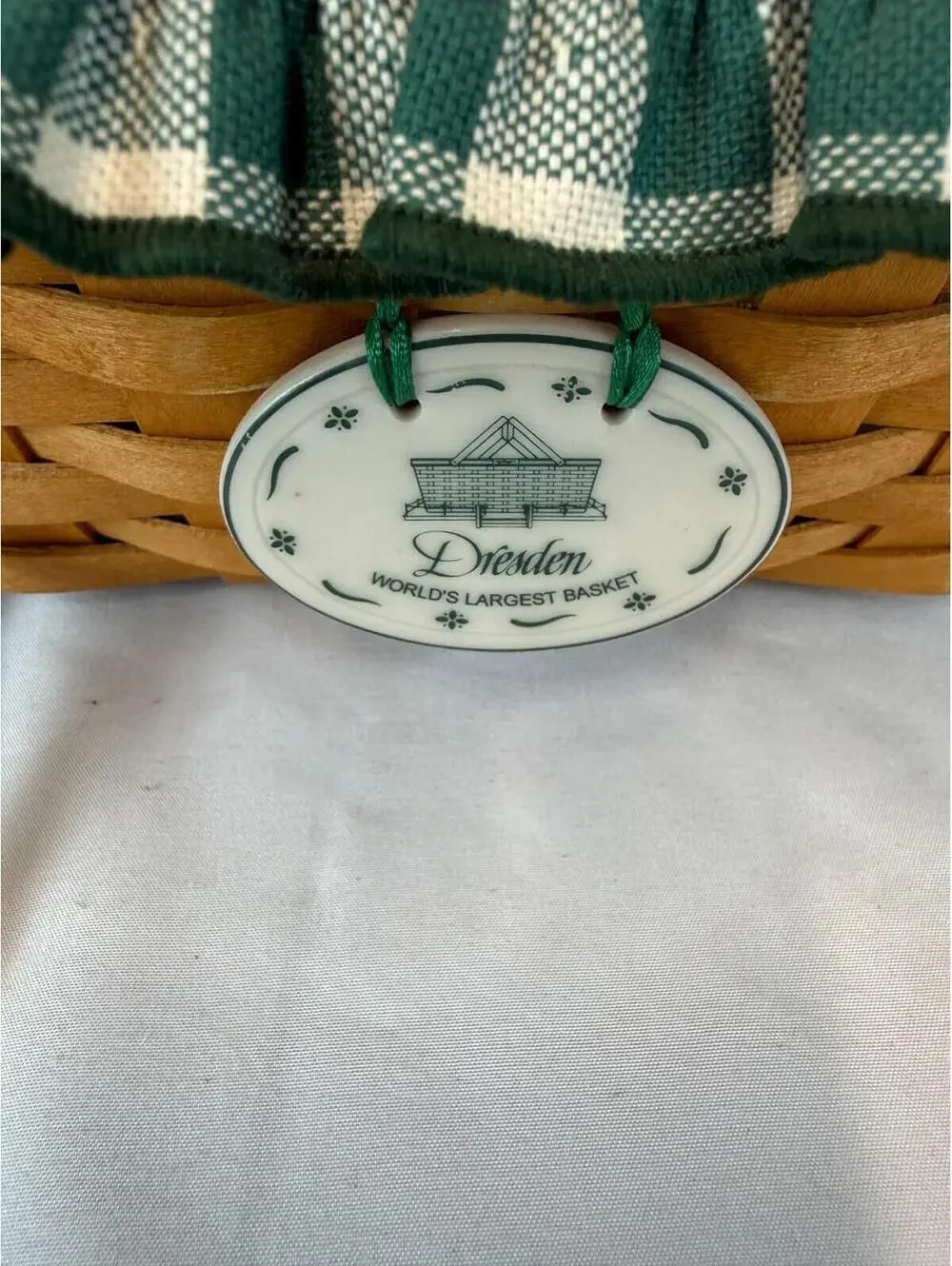 1996 Longaberger Dresden Tour Basket II w/Greed Plaid Liner, Protector & Tie-On